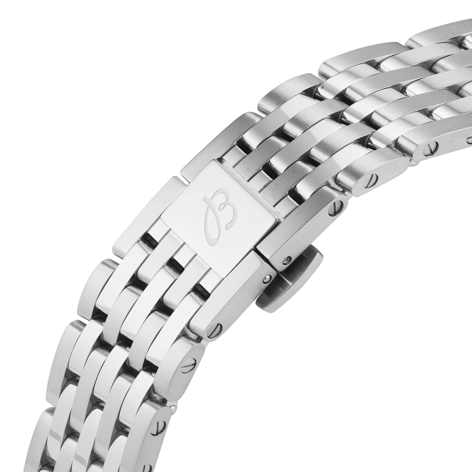 Close-up of a silver metal bracelet with a deployment clasp engraved with the Breitling B logo, highlighting the iconic style of the Navitimer B01 Chronograph 41 pilot’s timepiece.