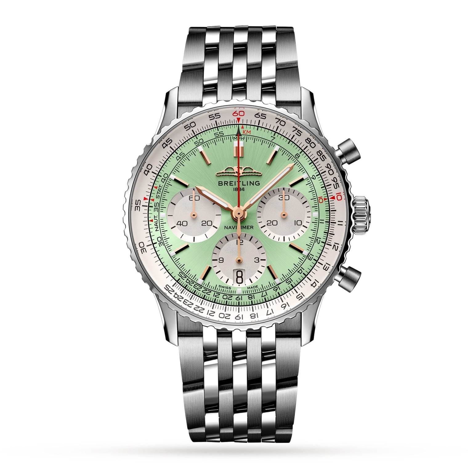 The Breitling Navitimer B01 Chronograph 41 features a stainless steel case, mint green dial with chronograph subdials and date window, and a silver metal bracelet, shown against a white background.