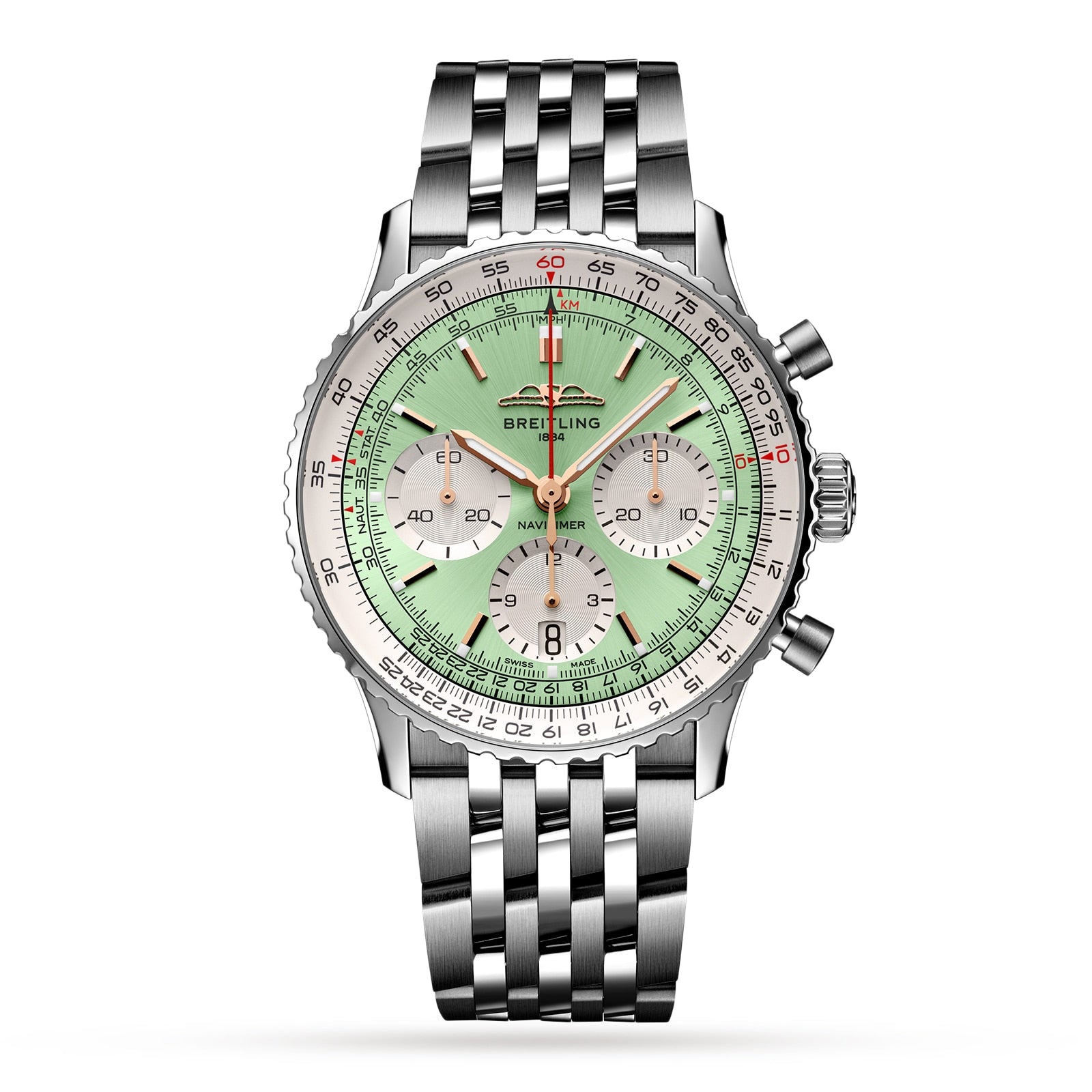 The Breitling Navitimer B01 Chronograph 41 features a stainless steel case, mint green dial with chronograph subdials and date window, and a silver metal bracelet, shown against a white background.