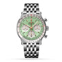 The Breitling Navitimer B01 Chronograph 41 features a stainless steel case, mint green dial with chronograph subdials and date window, and a silver metal bracelet, shown against a white background.
