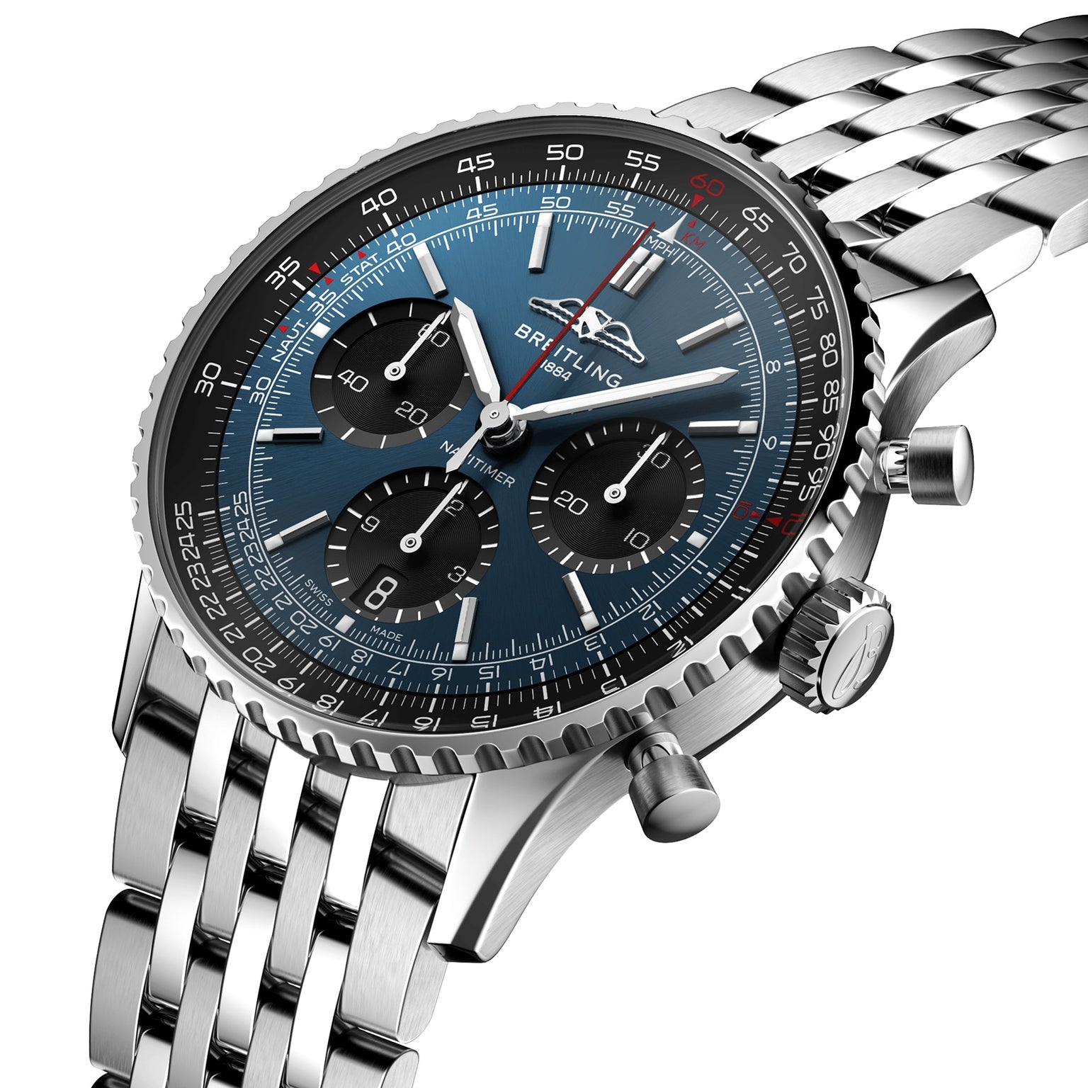 The Breitling Navitimer B01 Chronograph 41 is shown at an angle, featuring a blue dial with three subdials, black bezel, stainless steel case, and metal link bracelet.