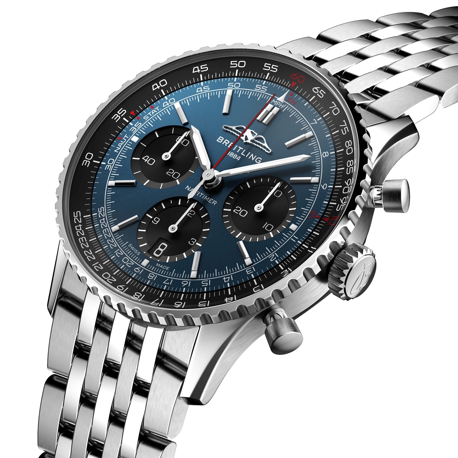 The Breitling Navitimer B01 Chronograph 41 is shown at an angle, featuring a blue dial with three subdials, black bezel, stainless steel case, and metal link bracelet.