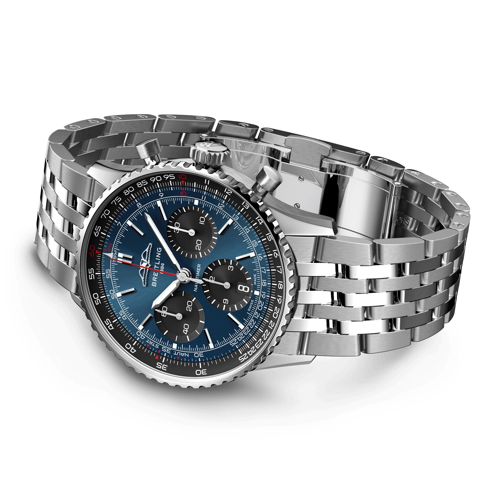 A Breitling Navitimer B01 Chronograph 41 with a blue dial, stainless steel case, three subdials, and a metal link bracelet, shown at an angle.