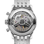 Close-up of the back of a Breitling Navitimer B01 Chronograph 41, featuring a transparent case that reveals its intricate chronometer mechanical movement and engraved details.