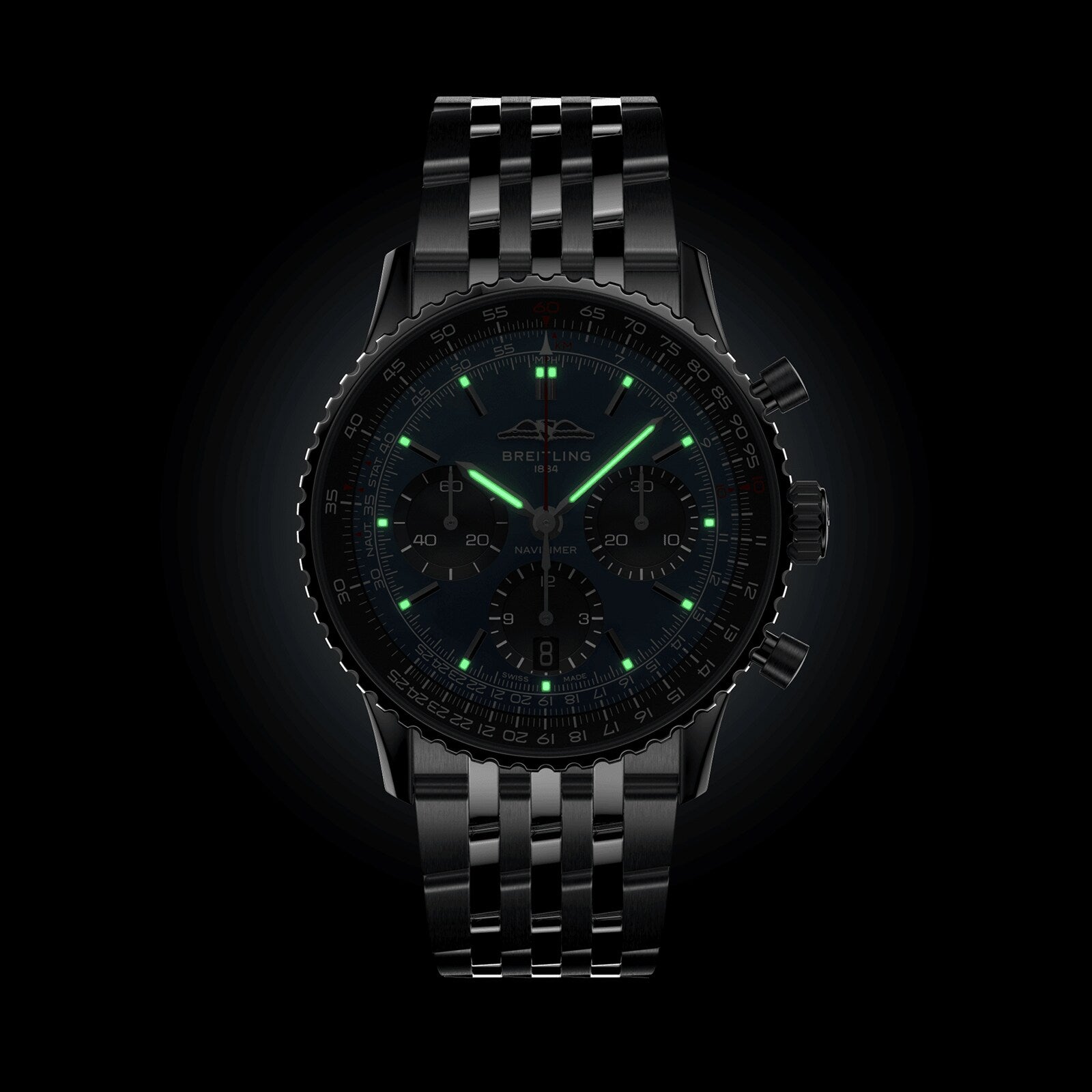 A Breitling Navitimer B01 Chronograph 41 wristwatch features a black dial, metal link band, and luminous green markers and hands, displayed against a dark background.