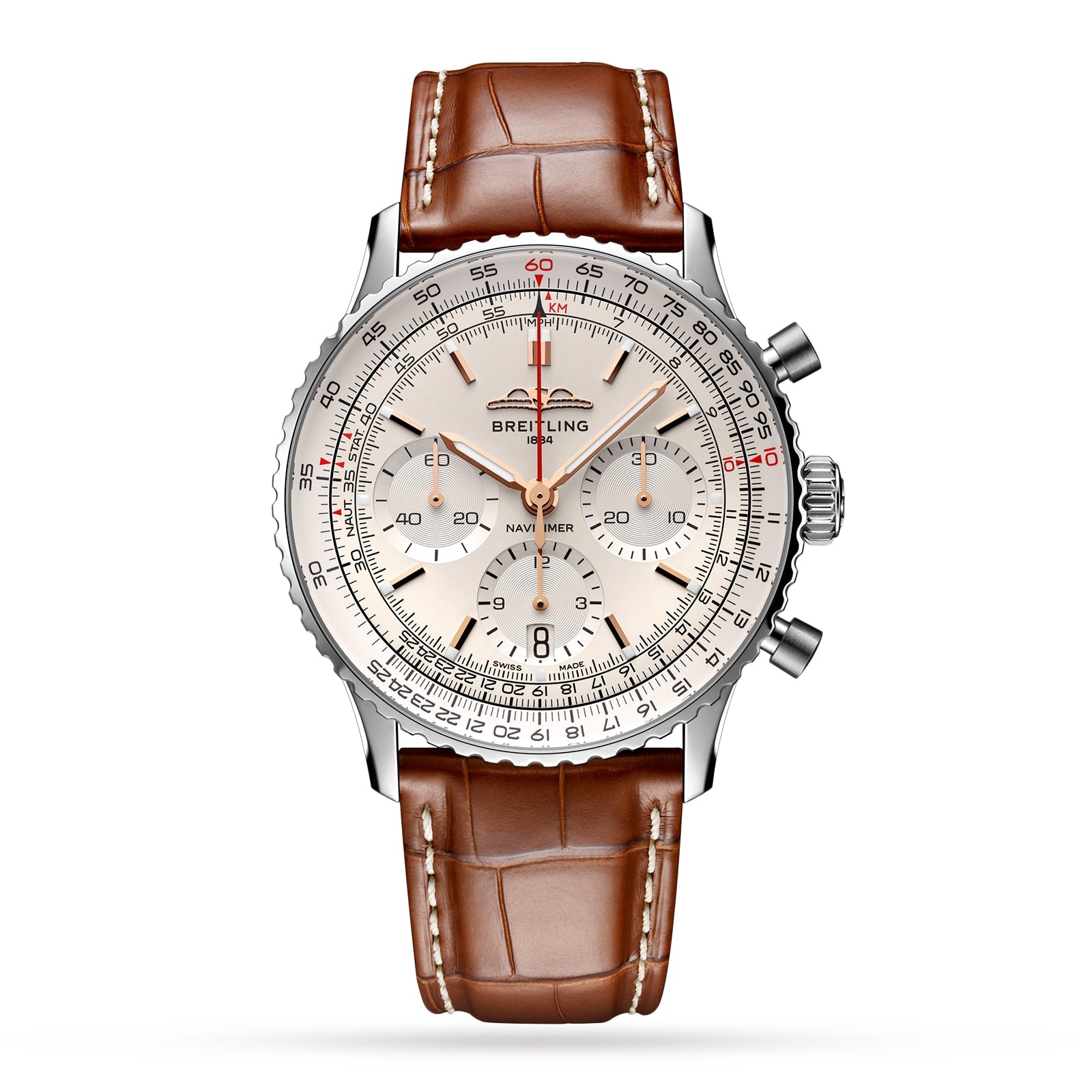 The Breitling Navitimer B01 Chronograph 41 features a silver case, white dial with three subdials, and a brown leather strap.