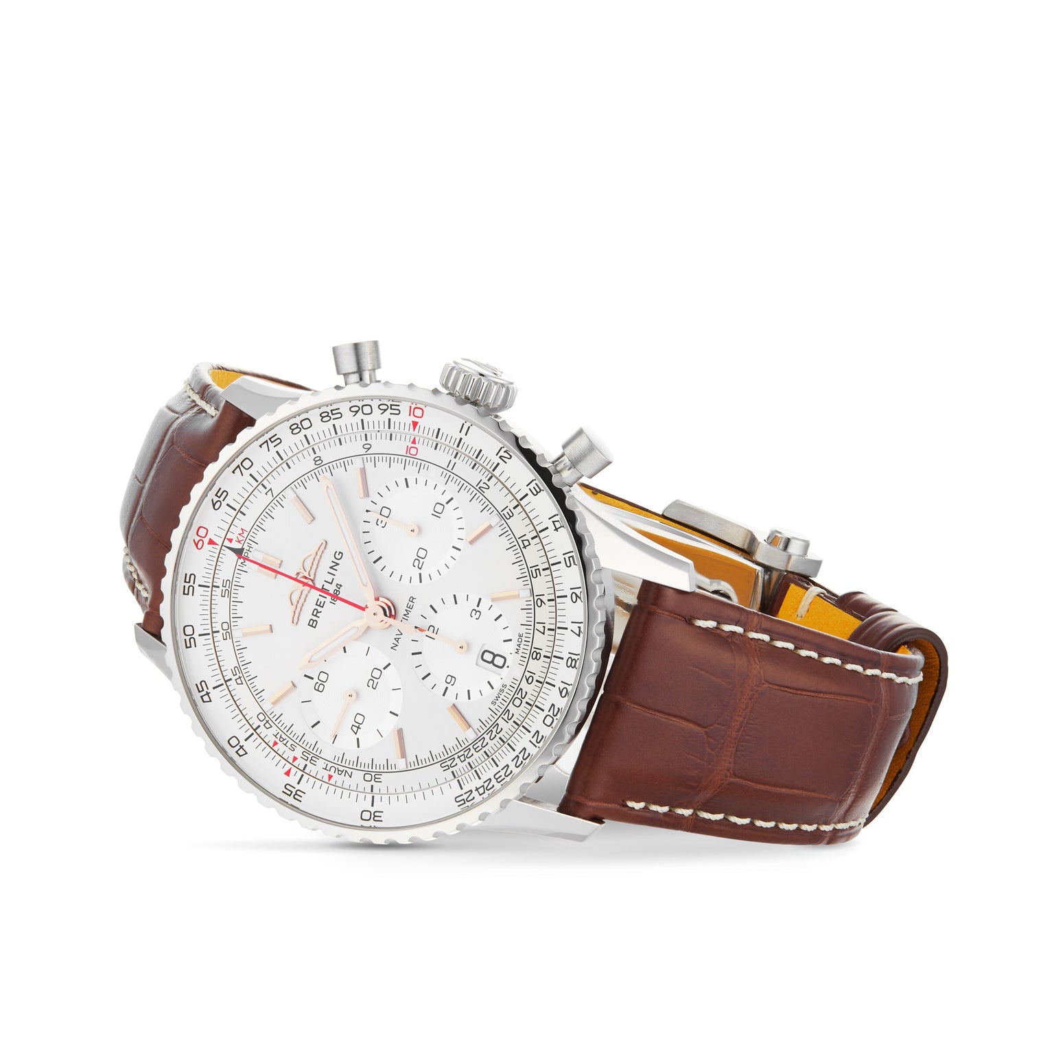 A Breitling Navitimer B01 Chronograph 41 wristwatch features a silver case, white dial with multiple subdials, and a brown leather strap, displayed on a white background.