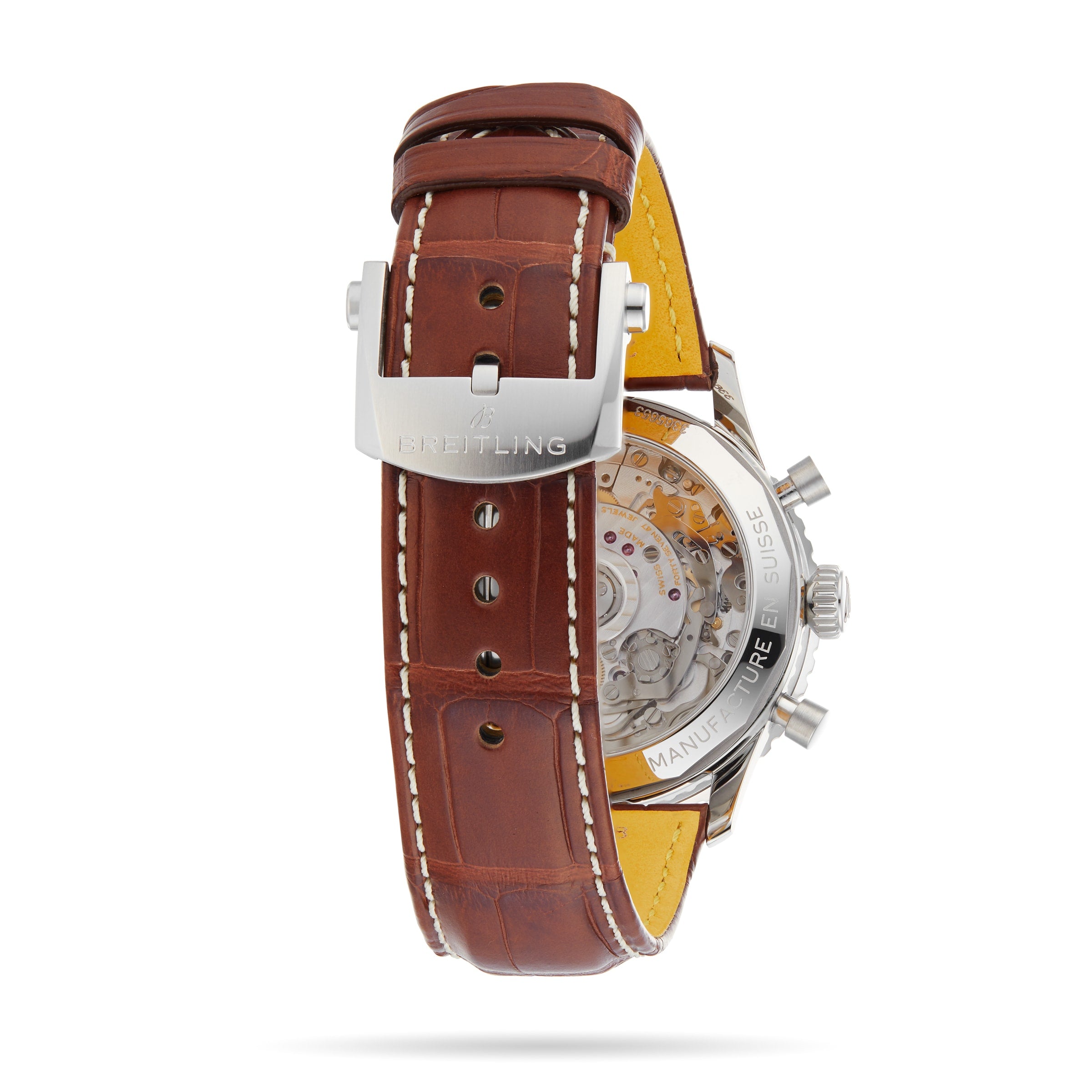 The Breitling Navitimer B01 Chronograph 41 features a brown leather strap with white stitching, a silver buckle, transparent case back, and displays the intricate chronograph mechanism inside.