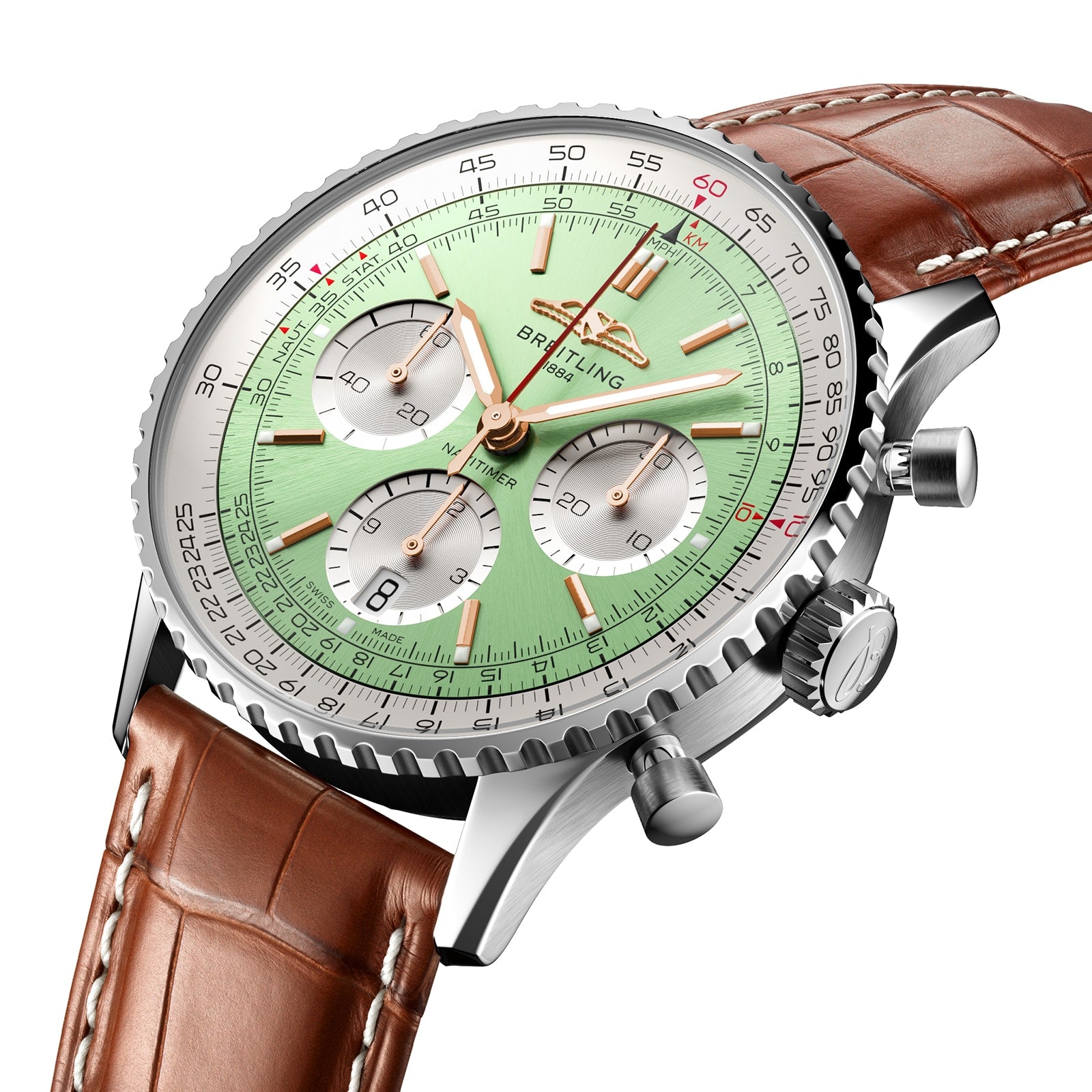 The Breitling Navitimer B01 Chronograph 41 features a light green dial with three chronograph subdials, a date window, silver bezel, and brown leather strap. The Breitling brand name appears prominently on the watch face.