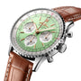 The Breitling Navitimer B01 Chronograph 41 features a light green dial with three chronograph subdials, a date window, silver bezel, and brown leather strap. The Breitling brand name appears prominently on the watch face.