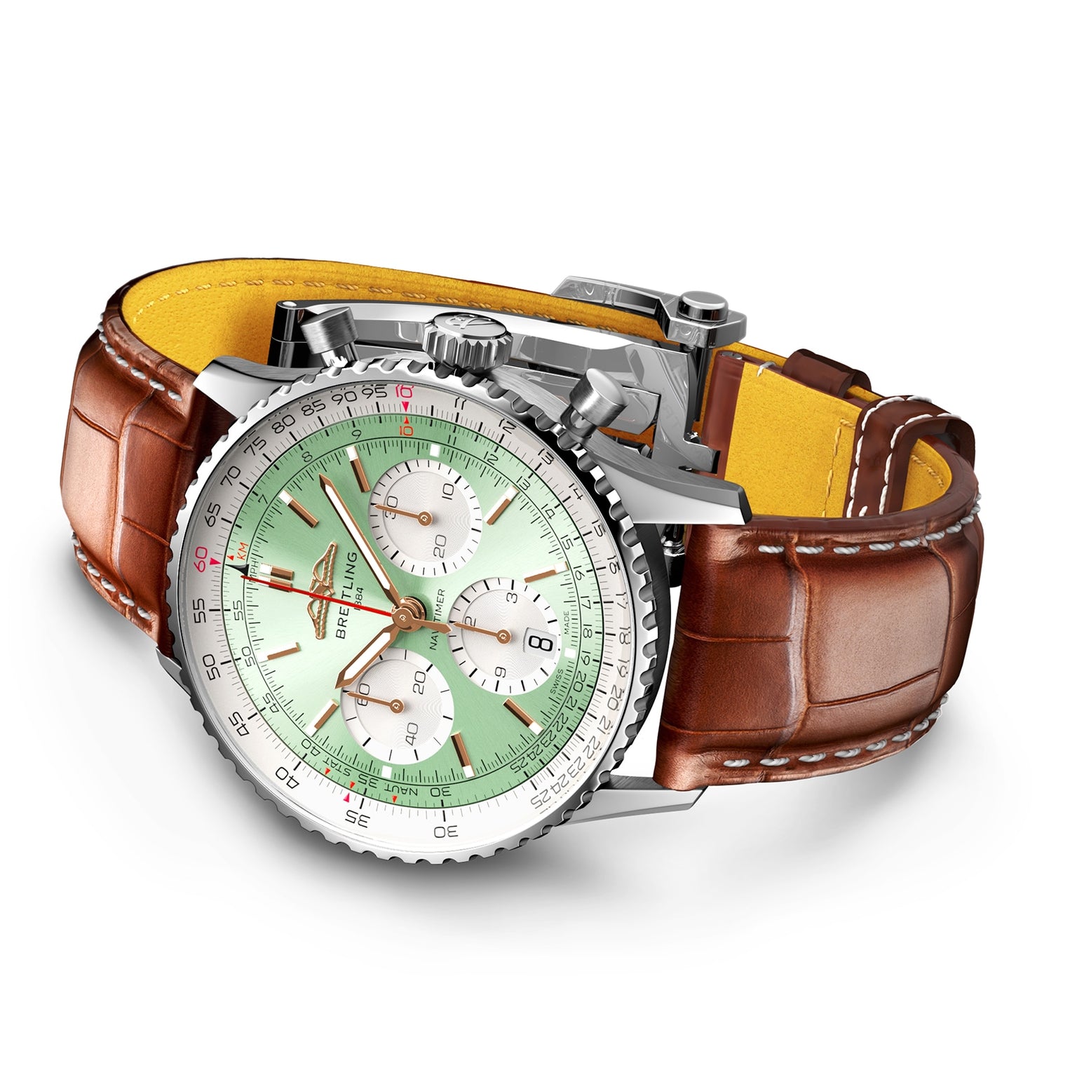 The Breitling Navitimer B01 Chronograph 41 features a mint green dial with three subdials, a silver case, and a brown leather strap with white stitching and textured pattern.