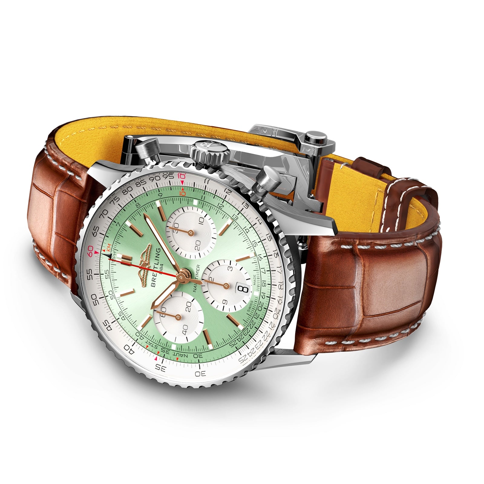 The Breitling Navitimer B01 Chronograph 41 features a mint green dial with three subdials, a silver case, and a brown leather strap with white stitching and textured pattern.