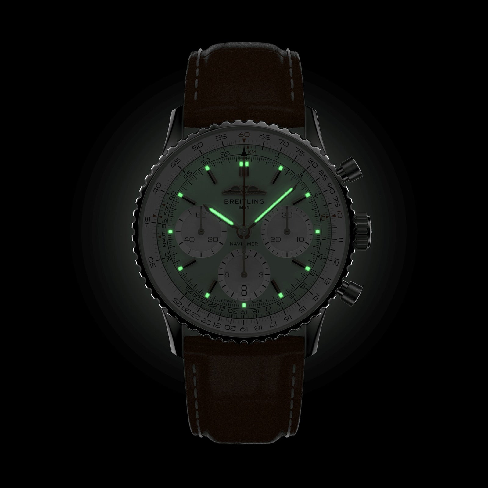 The Breitling Navitimer B01 Chronograph 41 is a pilots watch featuring a black leather strap and luminous green markers and hands for visibility in the dark.