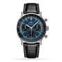 Breitling Navitimer B01 Chronograph 41 wristwatch featuring a blue dial, three black chronograph subdials, silver markers, and a black leather strap with white stitching, displayed on a white background.