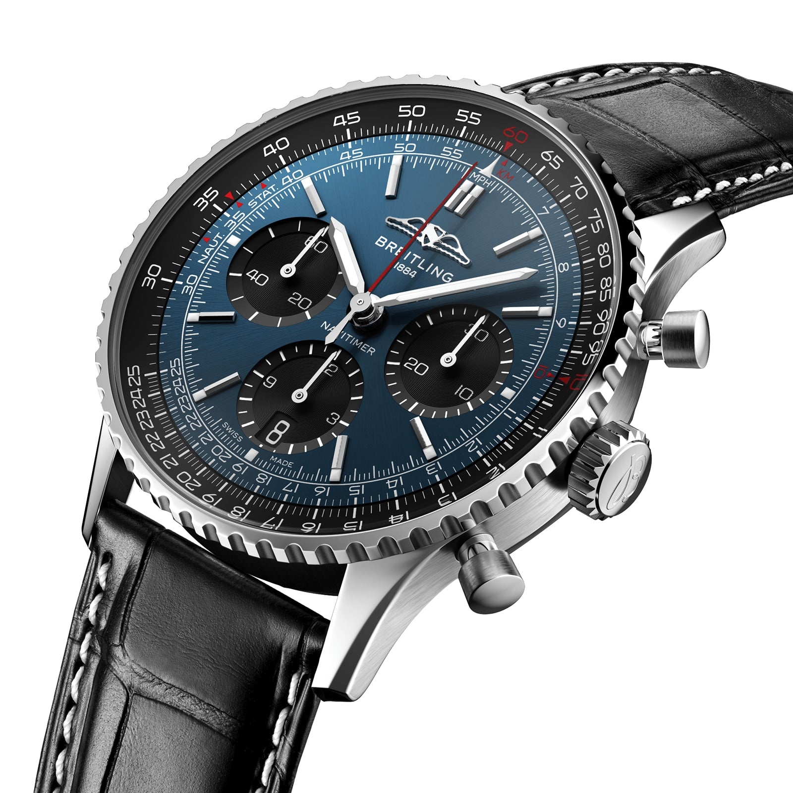 A close-up of the Breitling Navitimer B01 Chronograph 41 featuring a blue dial, three chronograph subdials, black bezel, and a black leather strap with white stitching.