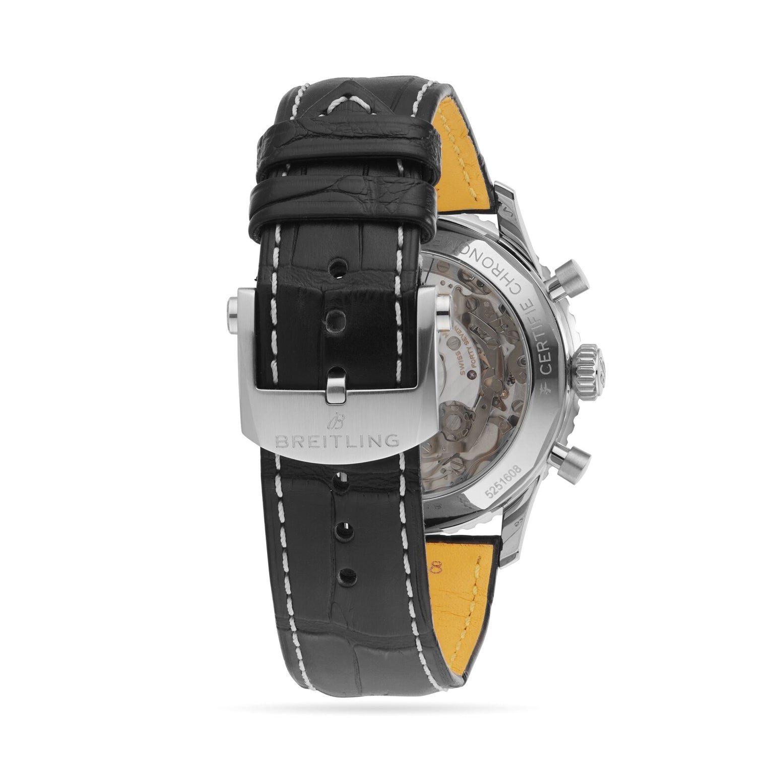 Rear view of the Breitling Navitimer B01 Chronograph 41 with a black leather strap, white stitching, stainless steel buckle, and the Breitling 01 calibre chronograph visible through its transparent case back.