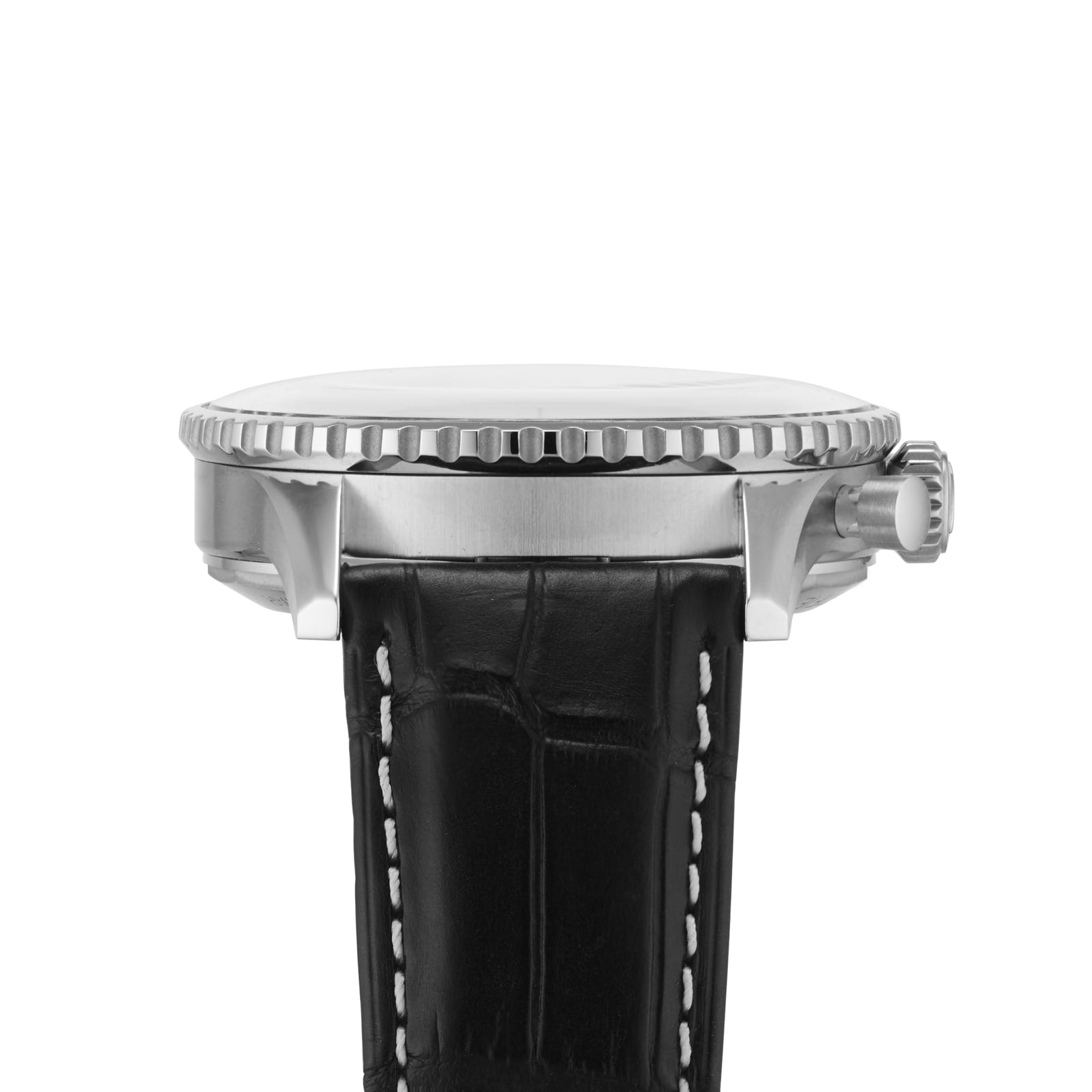 Side view of the Breitling Navitimer B01 Chronograph 41, featuring a silver case, ridged bezel, and black leather strap with white stitching, powered by the Breitling 01 calibre chronograph movement.