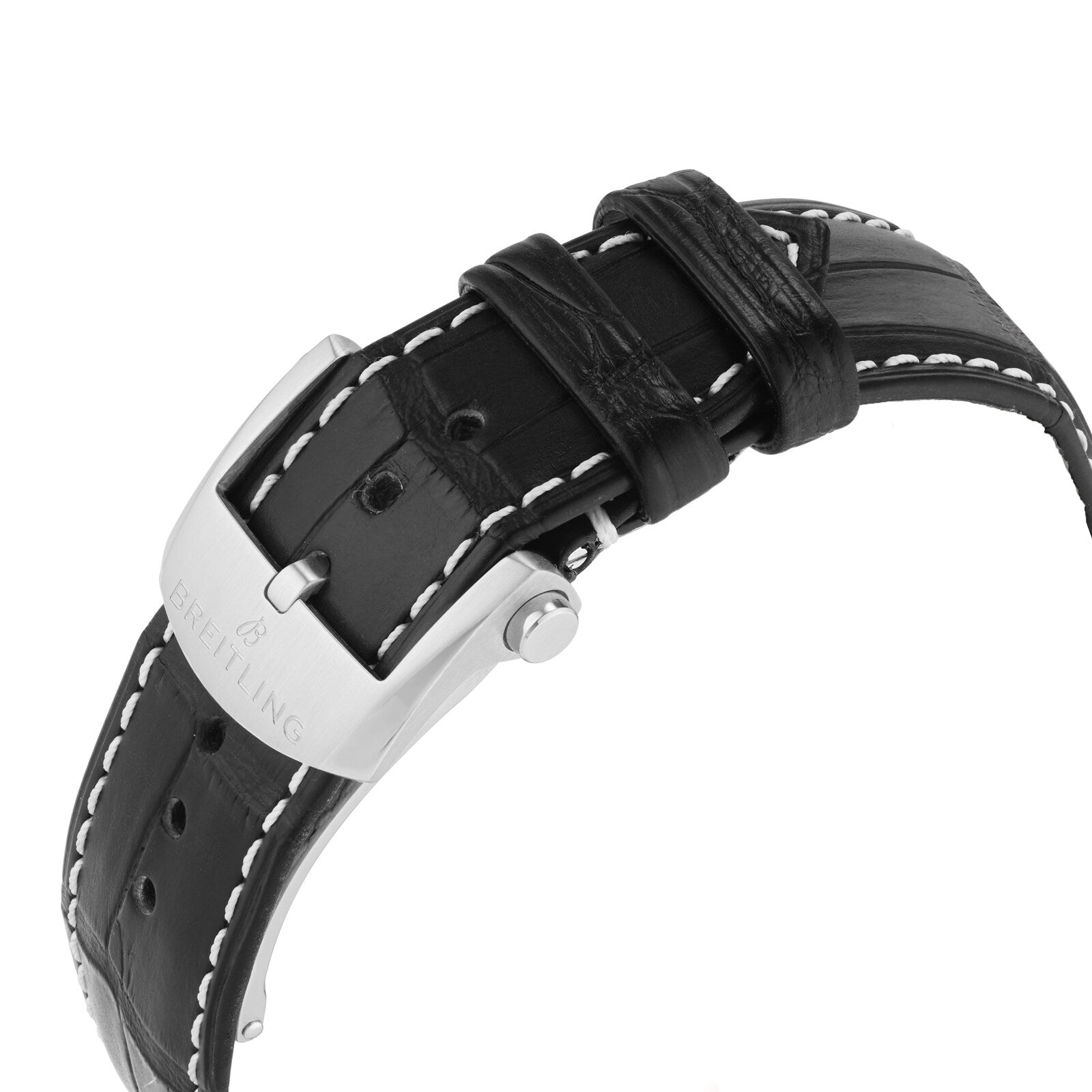 A close-up of a black leather strap with white stitching and a silver Breitling buckle, perfectly complementing the iconic Navitimer B01 Chronograph 41 powered by the Breitling 01 calibre.