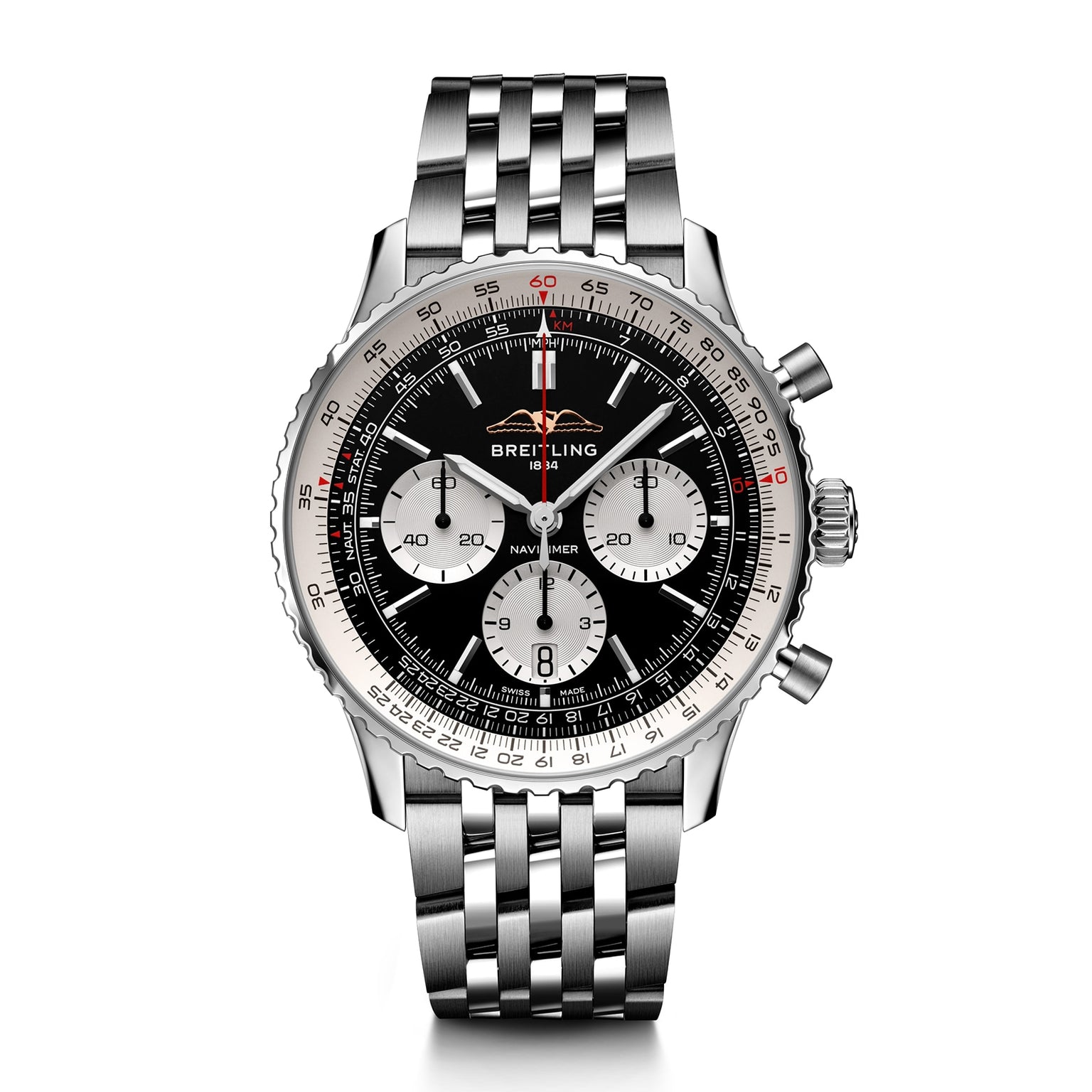 Breitling Navitimer B01 Chronograph 43: stainless steel wristwatch featuring a black dial, three subdials, date window at 6 o’clock, and a link bracelet.
