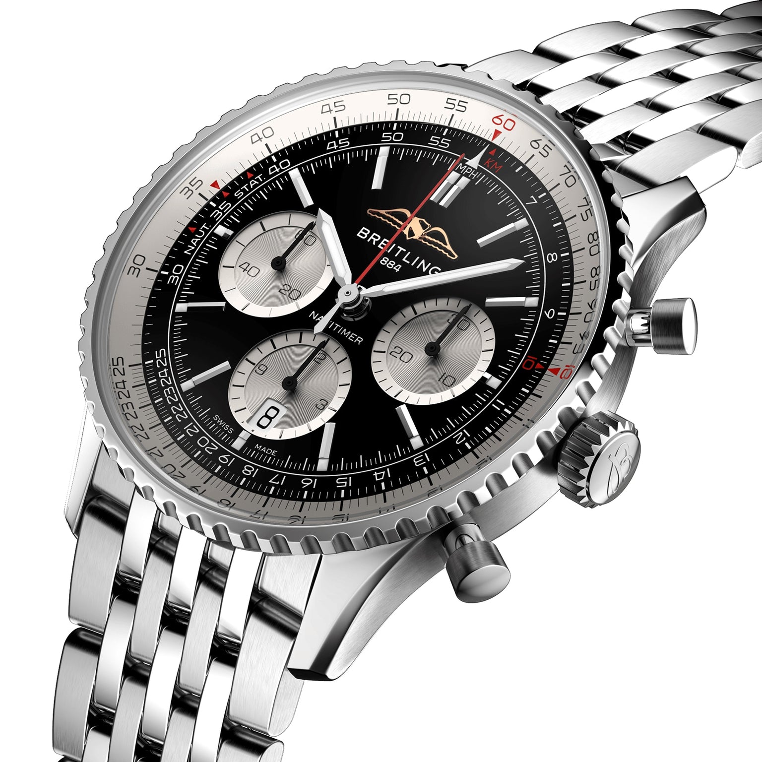 Close-up of a Breitling Navitimer B01 Chronograph 43, featuring a stainless steel case, black dial with three subdials, date window, and metal link bracelet.