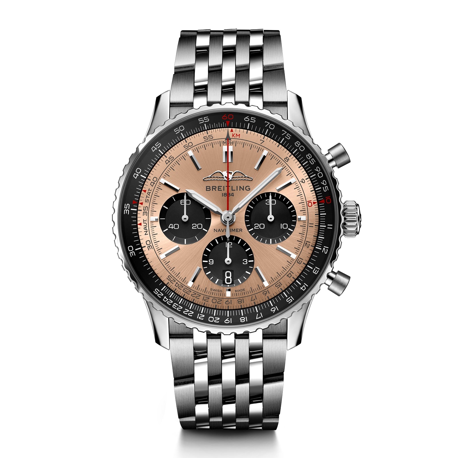 The Breitling Navitimer B01 Chronograph 43 is a stainless steel pilot’s watch with a bronze dial, black subdials, baton markers, and multi-link metal bracelet, powered by the Breitling 01 calibre.