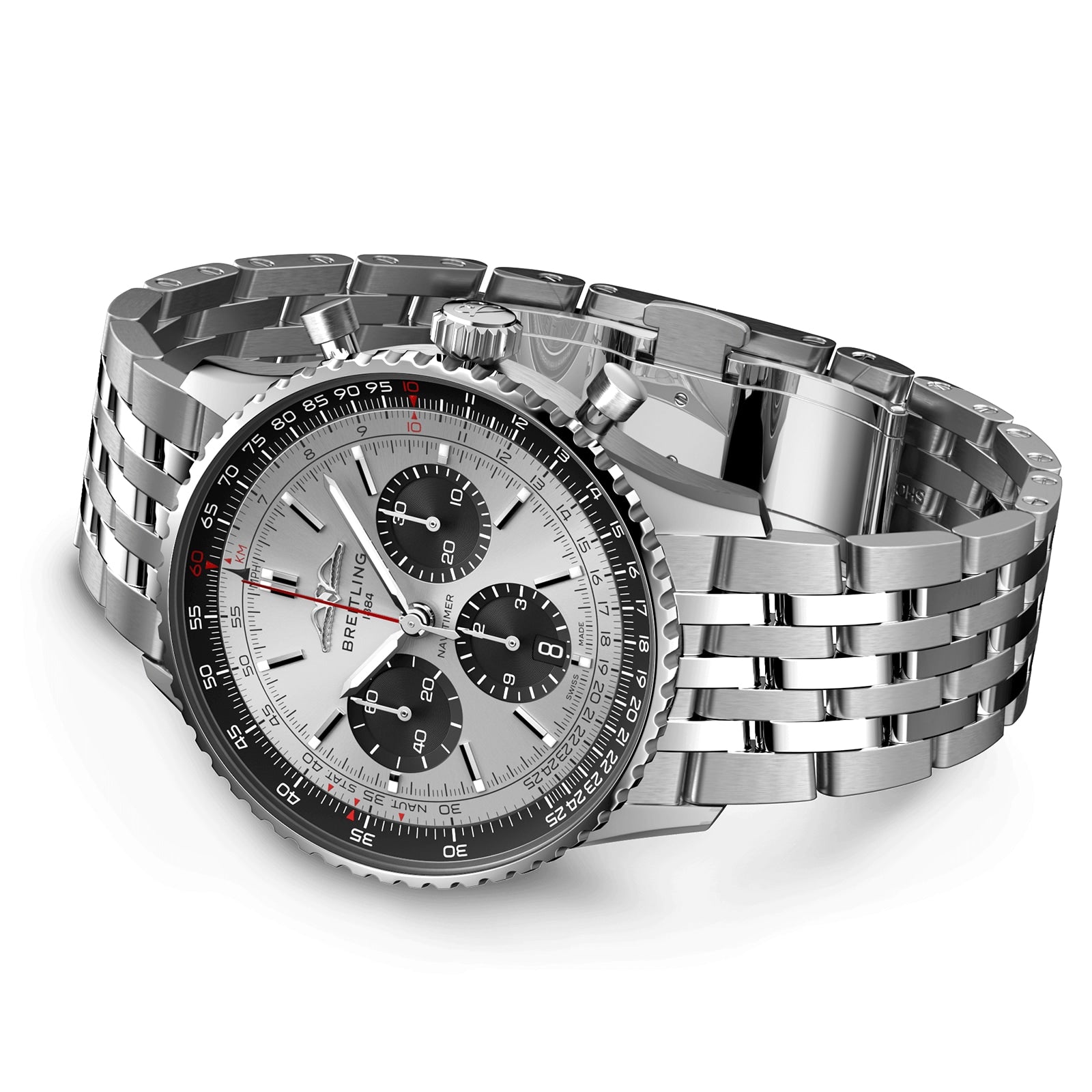 The Breitling Navitimer B01 Chronograph 43, a stainless steel watch with silver dial, black subdials, and metal link bracelet, featuring the Breitling 01 calibre, is shown at an angle on a white background.