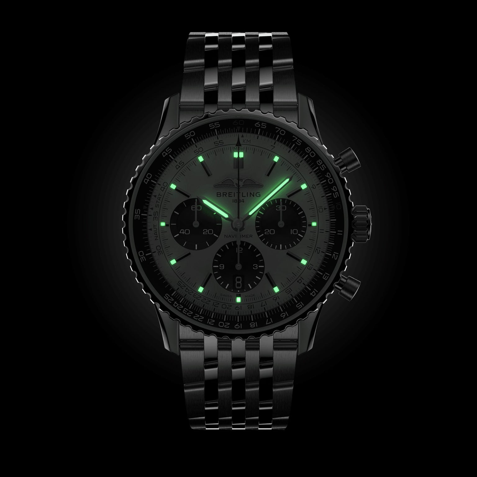The Breitling Navitimer B01 Chronograph 43 is a black metal wristwatch with luminescent green hour markers and hands, precision chronograph, shown against a black background.