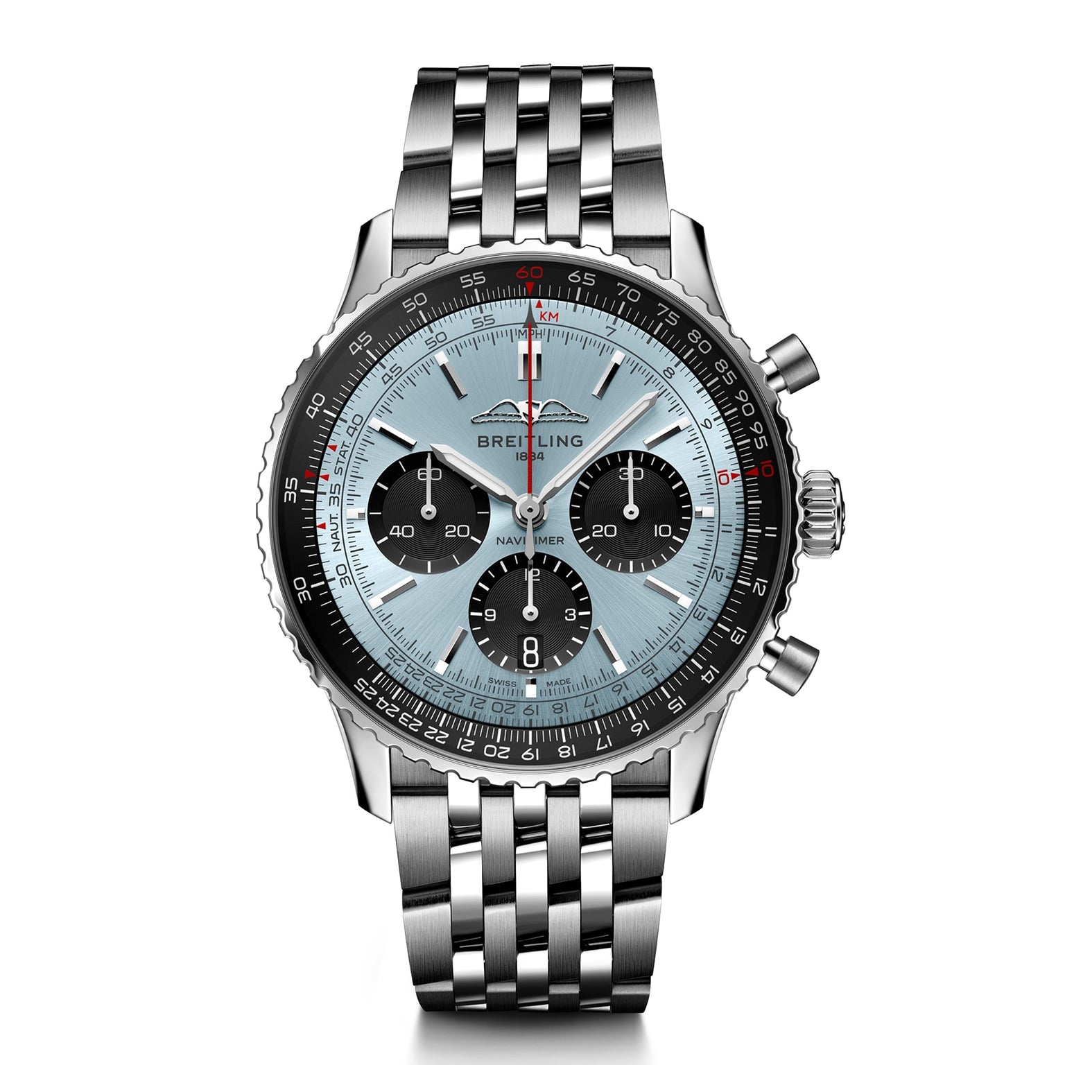 The Breitling Navitimer B01 Chronograph 43 features a silver case, light blue dial with three black subdials, and a metal link band.
