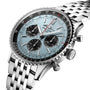 Close-up of the Breitling Navitimer B01 Chronograph 43, a stainless steel pilots watch featuring a light blue dial, three black subdials, and a metal link bracelet.