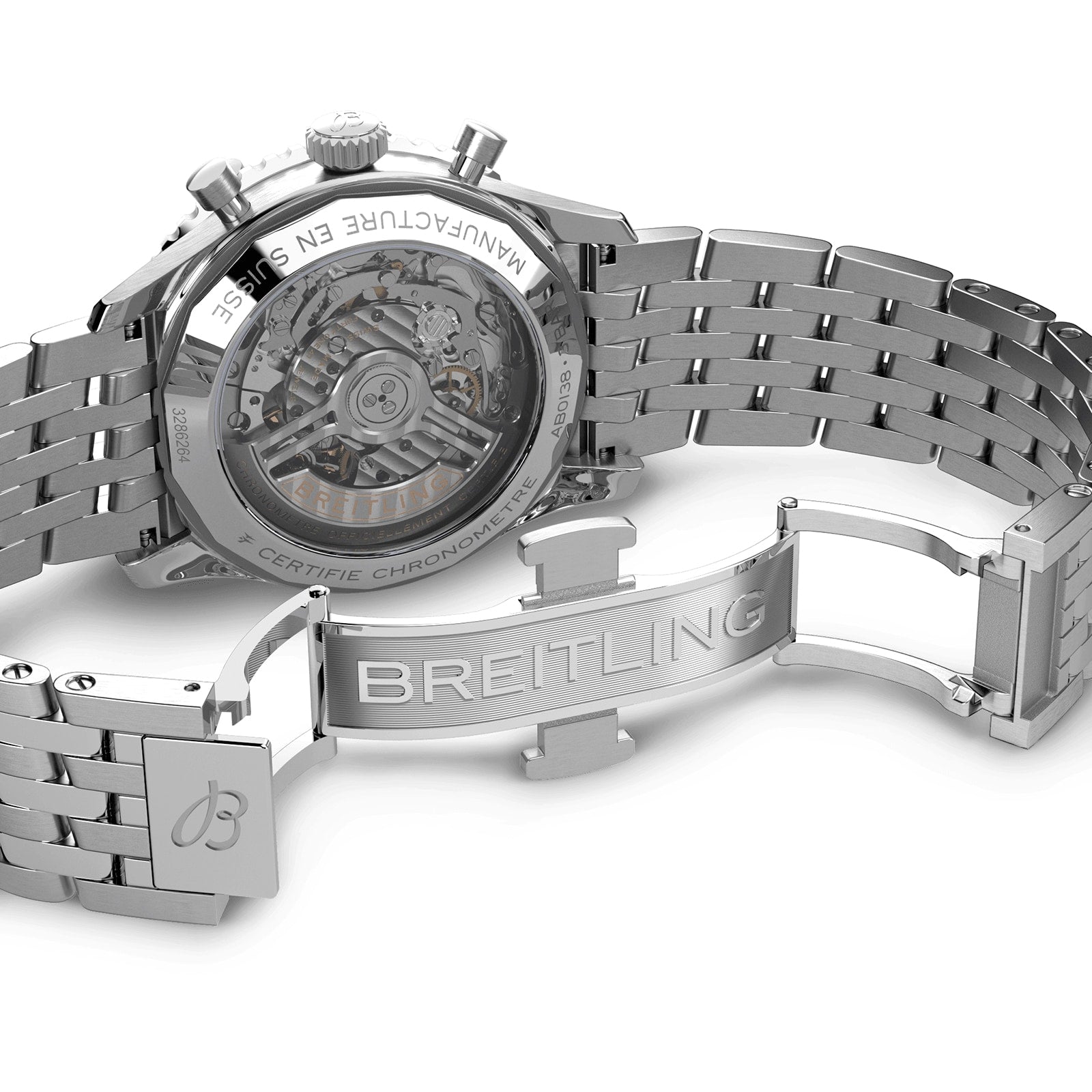 Close-up of the back of a Breitling Navitimer B01 Chronograph 43 in silver, showing the exposed automatic Breitling 01 calibre movement and engraved branding on the clasp and caseback.