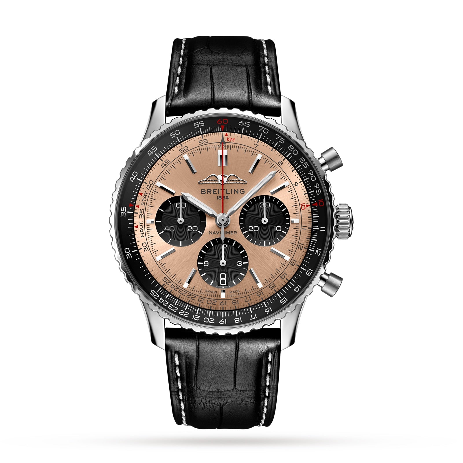 A Breitling Navitimer B01 Chronograph 43 wristwatch with a black leather strap, silver case, rose gold dial, and three black subdials shown on a white background.