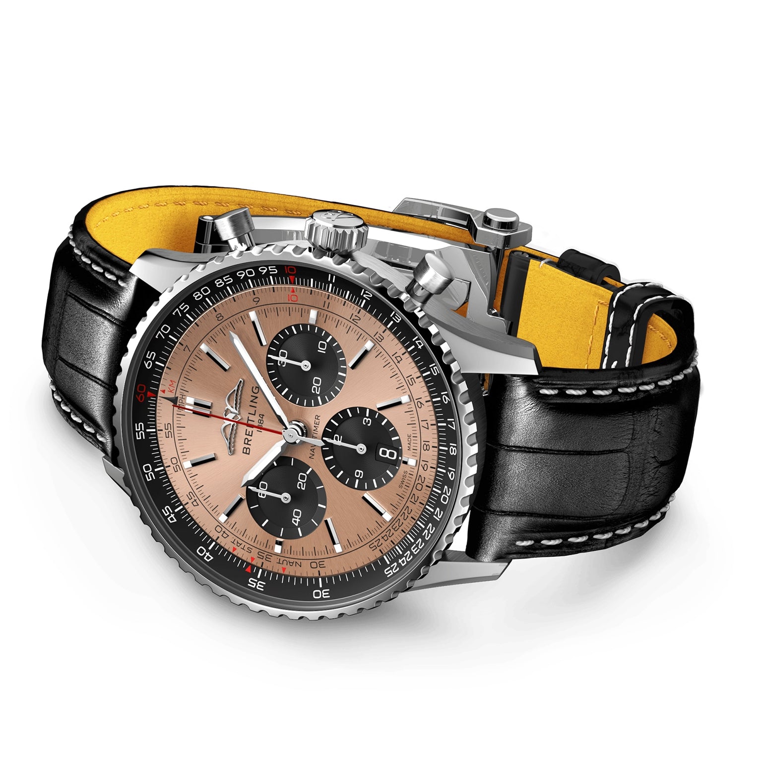 The Breitling Navitimer B01 Chronograph 43 features a black leather strap, rose gold dial with three subdials, and silver casing, elegantly presented at an angle.