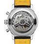 Close-up of the Breitling Navitimer B01 Chronograph 43s back, displaying its intricate mechanical movement through a transparent case back with engraved detailing around the edge.