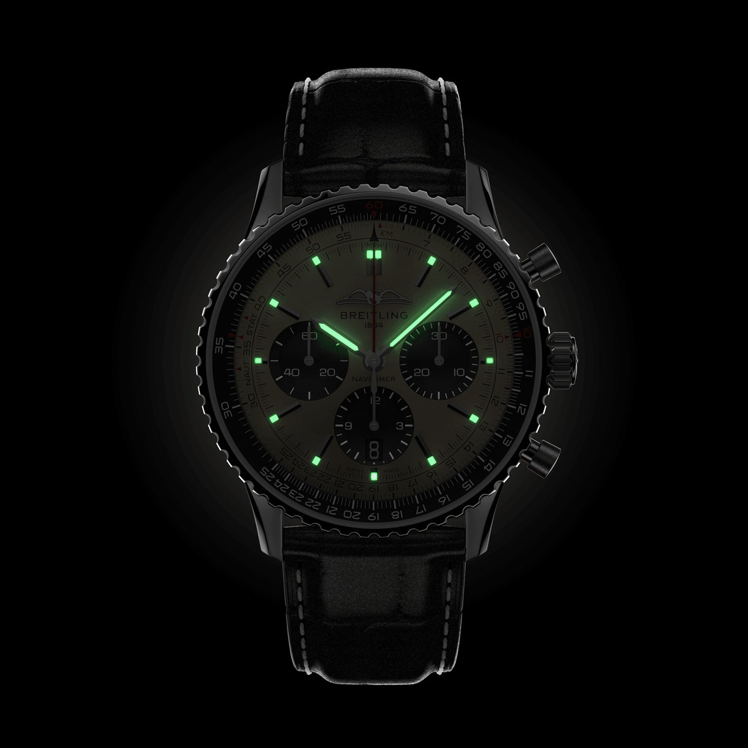 The Breitling Navitimer B01 Chronograph 43 features a black dial, leather strap, luminous green markers and hands, and three subdials, all showcased against a dark background.