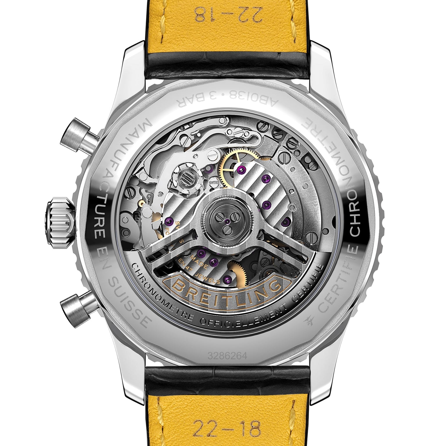 Close-up of the Breitling Navitimer B01 Chronograph 43, showing its exposed Breitling 01 calibre movement, labeled components, and a yellow leather strap with black edges.