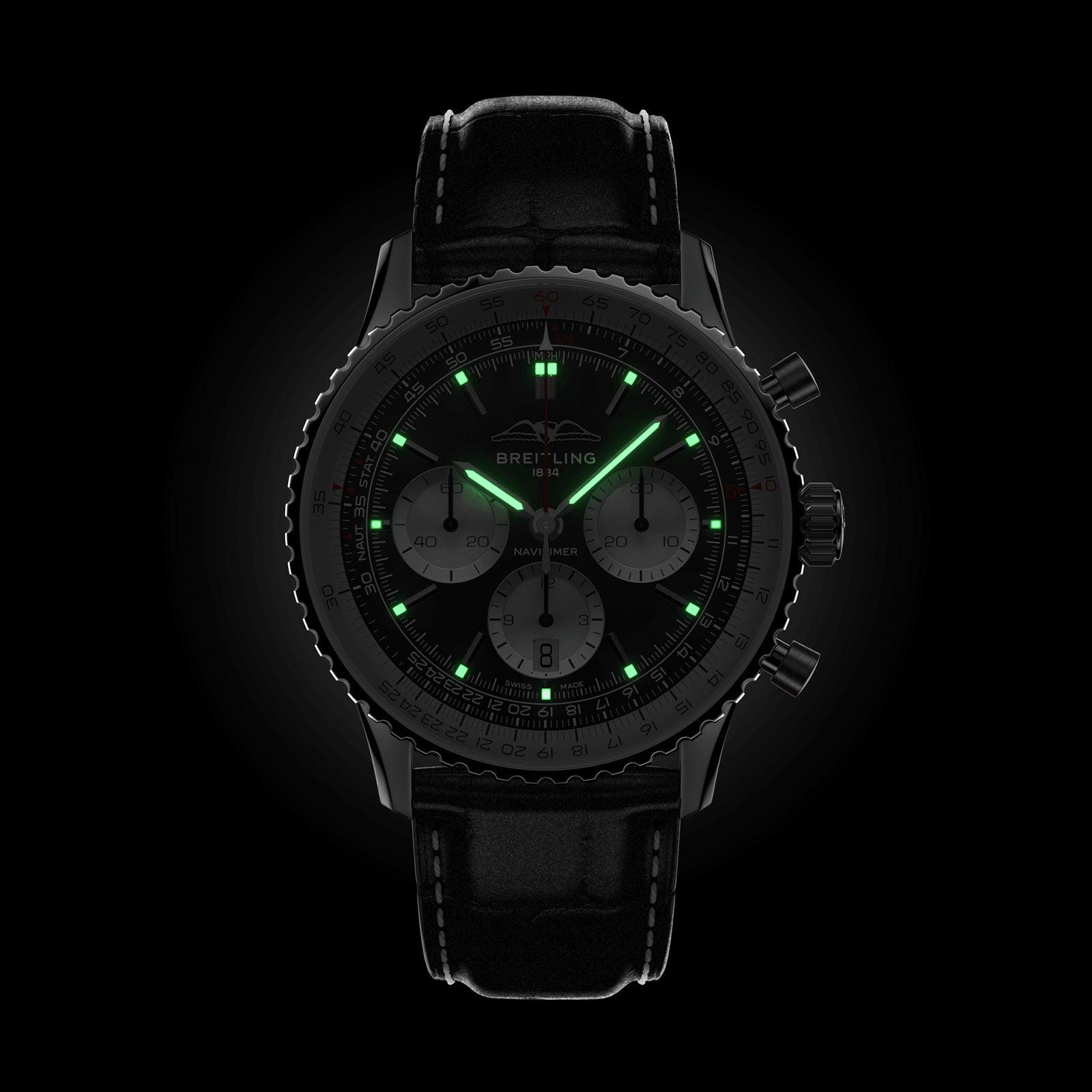 The Breitling Navitimer B01 Chronograph 43 wristwatch features a black dial, leather strap, and illuminated green hands and markers, displayed against a black background.