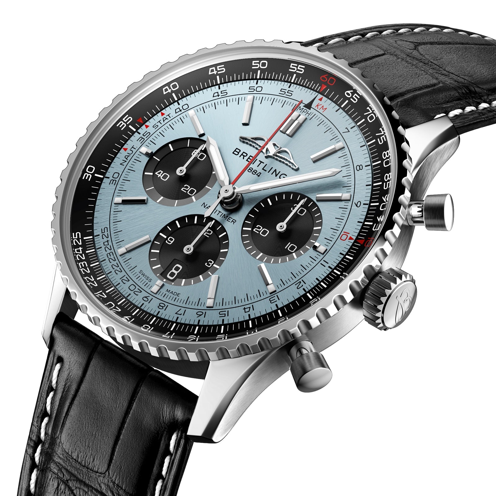 A close-up of the Breitling Navitimer B01 Chronograph 43 featuring a light blue dial, black leather strap, chronograph subdials, and a rotating bezel.