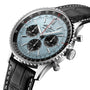 A close-up of the Breitling Navitimer B01 Chronograph 43 featuring a light blue dial, black leather strap, chronograph subdials, and a rotating bezel.