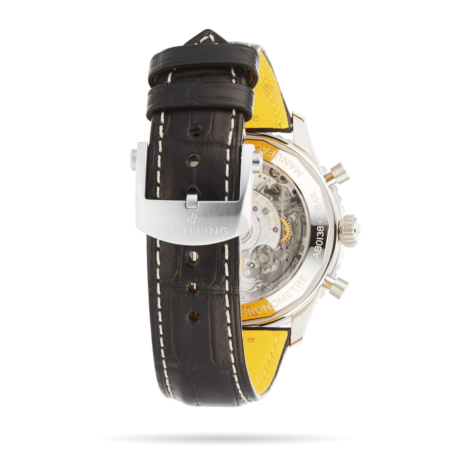 Close-up of the back of a Breitling Navitimer B01 Chronograph 43 wristwatch, featuring a black leather strap with yellow underside, metal buckle, and transparent case back revealing the mechanical chronograph movement.