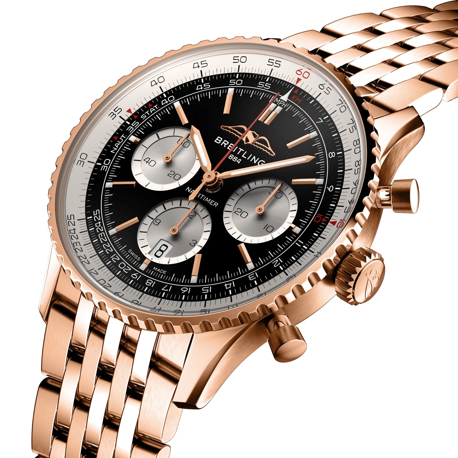 The Breitling Navitimer B01 Chronograph 43 has a rose gold case, black dial with three subdials, date window, metal link bracelet, and is powered by the Breitling 01 calibre.