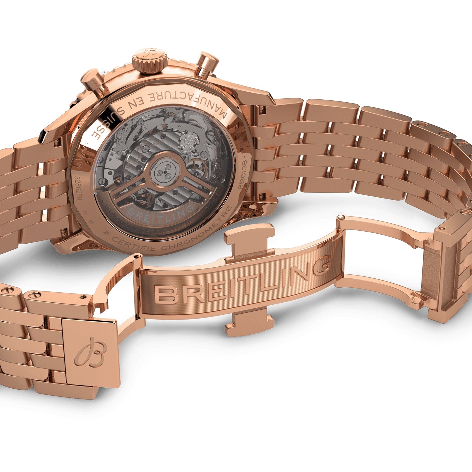 The Breitling Navitimer B01 Chronograph 43 in rose gold is shown from the back, featuring its mechanical Breitling 01 calibre movement and engraved branding on the case, clasp, and case back.