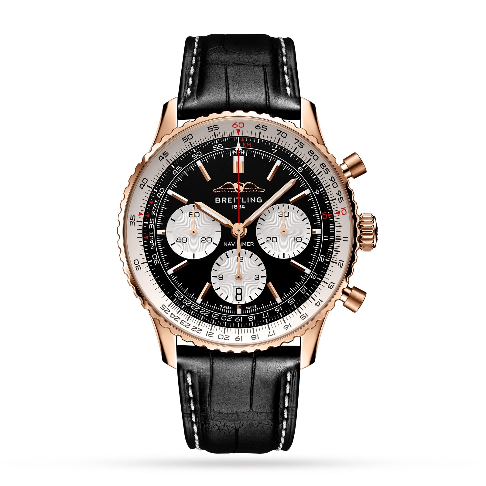 The Breitling Navitimer B01 Chronograph 43 features a black dial with three white subdials, a gold case, and a black leather strap, displayed against a white background.