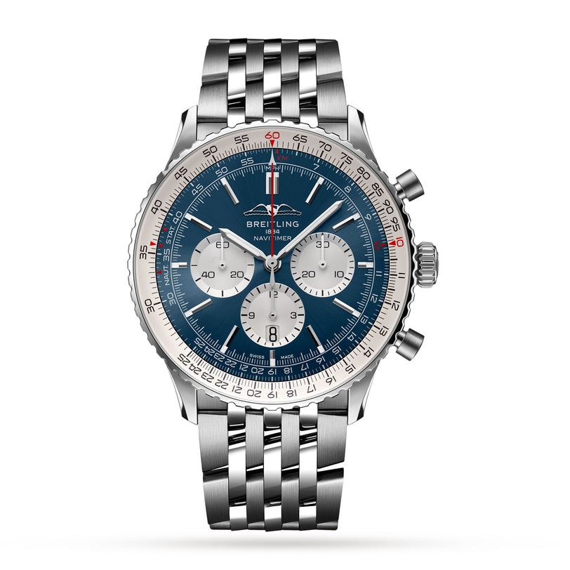 The Breitling Navitimer B01 Chronograph 46 features a stainless steel case, blue dial with three chronograph sub-dials, white outer ring, metal link bracelet, and a Navitimer-inspired design on the face.