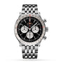 The Breitling Navitimer B01 Chronograph 46 is a stainless steel pilot’s watch with a black dial, three silver subdials, rotating bezel, metal bracelet, and the Breitling 01 calibre movement, shown against a white background.