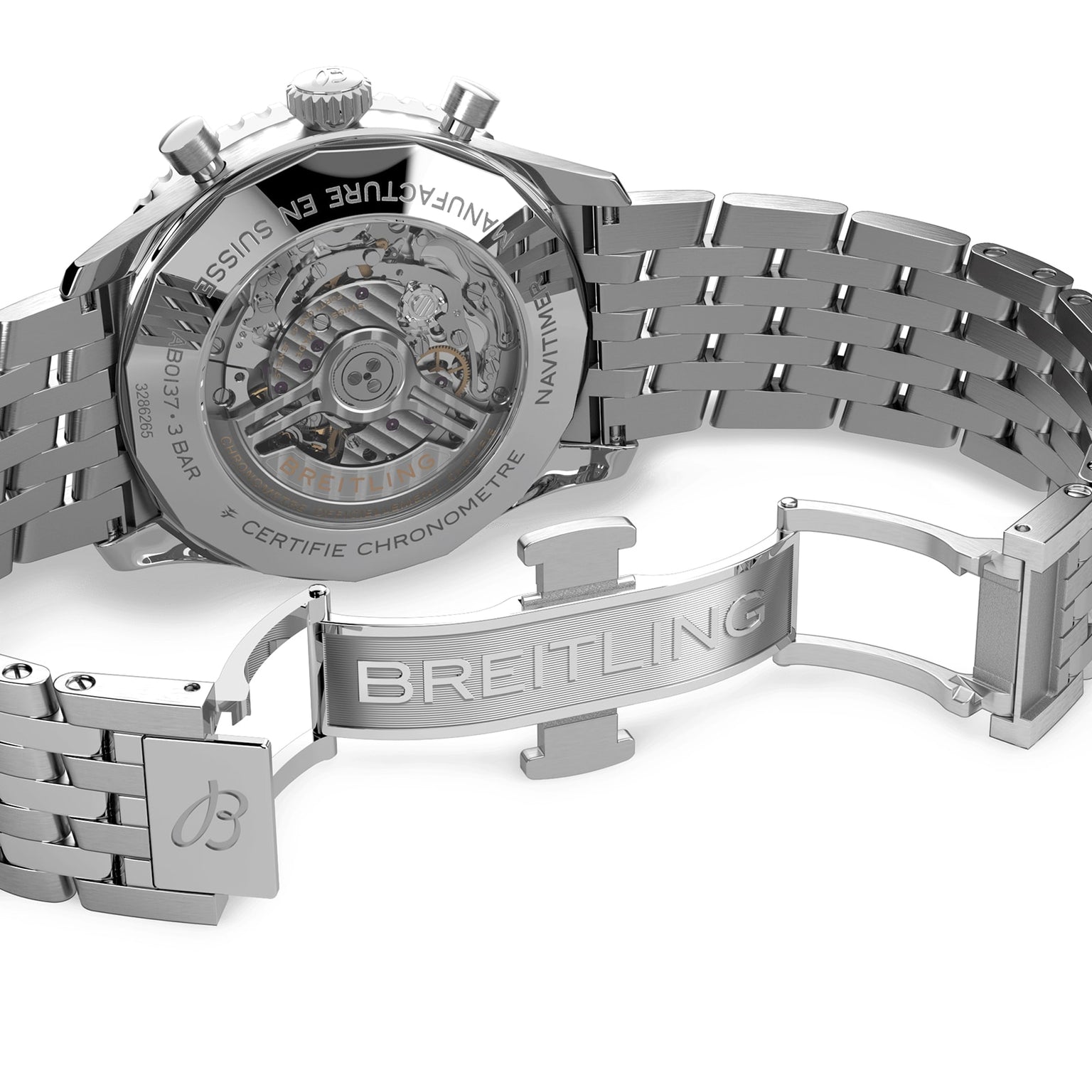 Back view of the Breitling Navitimer B01 Chronograph 46 in silver, featuring a transparent case back displaying the Breitling 01 calibre movement and an engraved deployment clasp on a metal bracelet.
