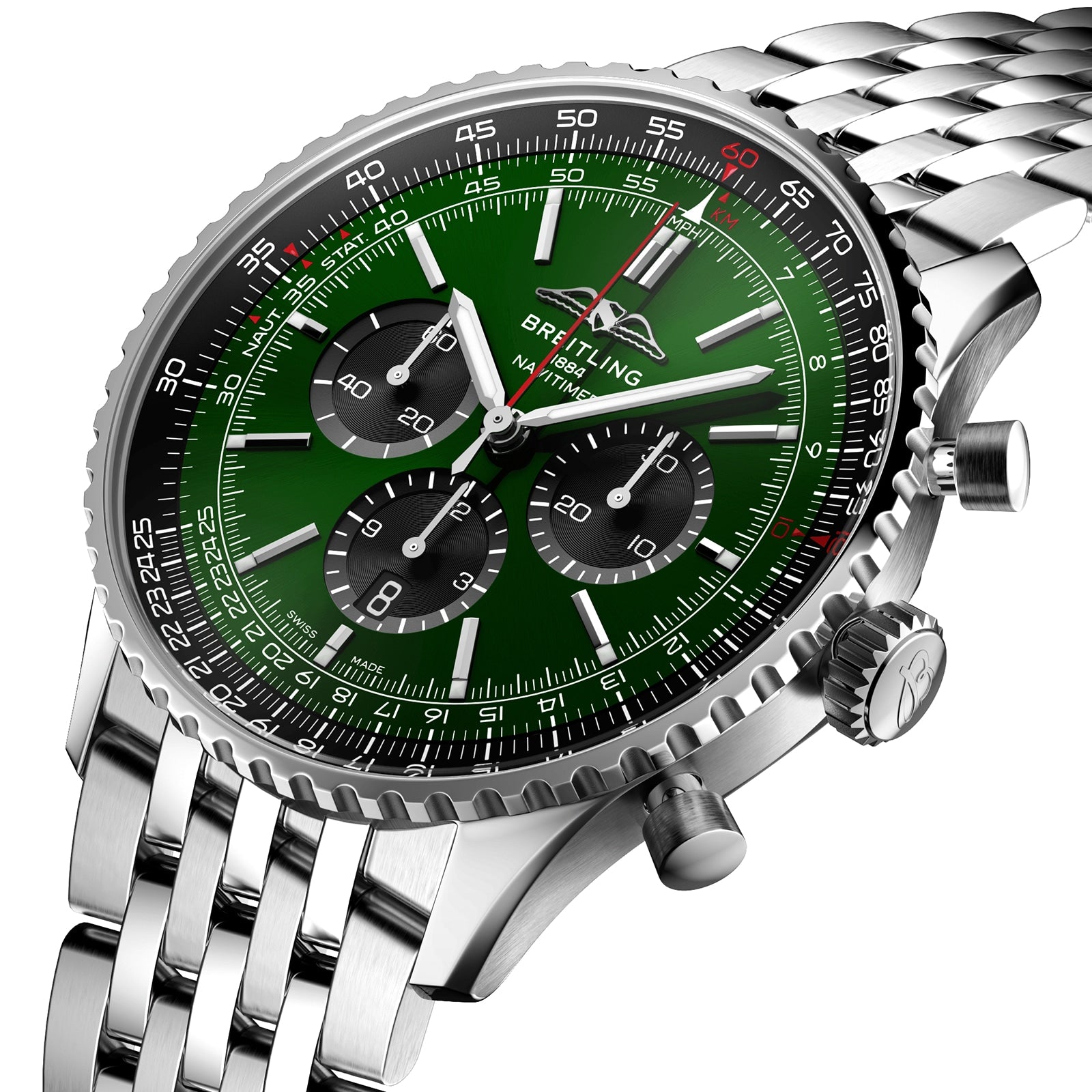 The Breitling Navitimer B01 Chronograph 46 is a stainless steel wristwatch with a green dial, three subdials, date window, COSC-certified chronometer rating, and a metal link bracelet.