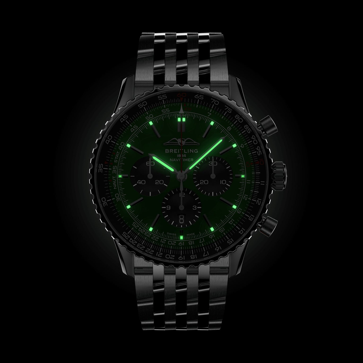 The Breitling Navitimer B01 Chronograph 46 features a COSC-certified Breitling 01 calibre, metal band, and luminous green hands and hour markers, showcased against a black background.