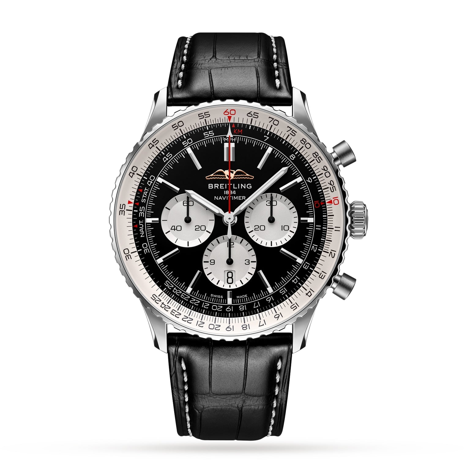 A Breitling Navitimer B01 Chronograph 46 watch with a black dial, three silver subdials, and a black leather strap is displayed on a white background.