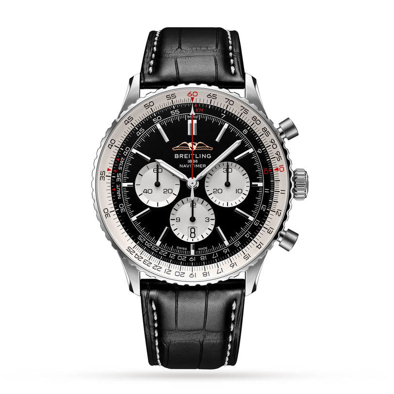 A Breitling Navitimer B01 Chronograph 46 watch with a black dial, three silver subdials, and a black leather strap is displayed on a white background.