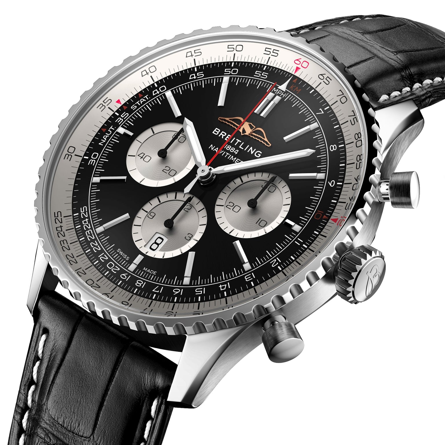 Close-up of a Breitling Navitimer B01 Chronograph 46 wristwatch featuring a black dial, three subdials, date window, and a black leather strap with white stitching.